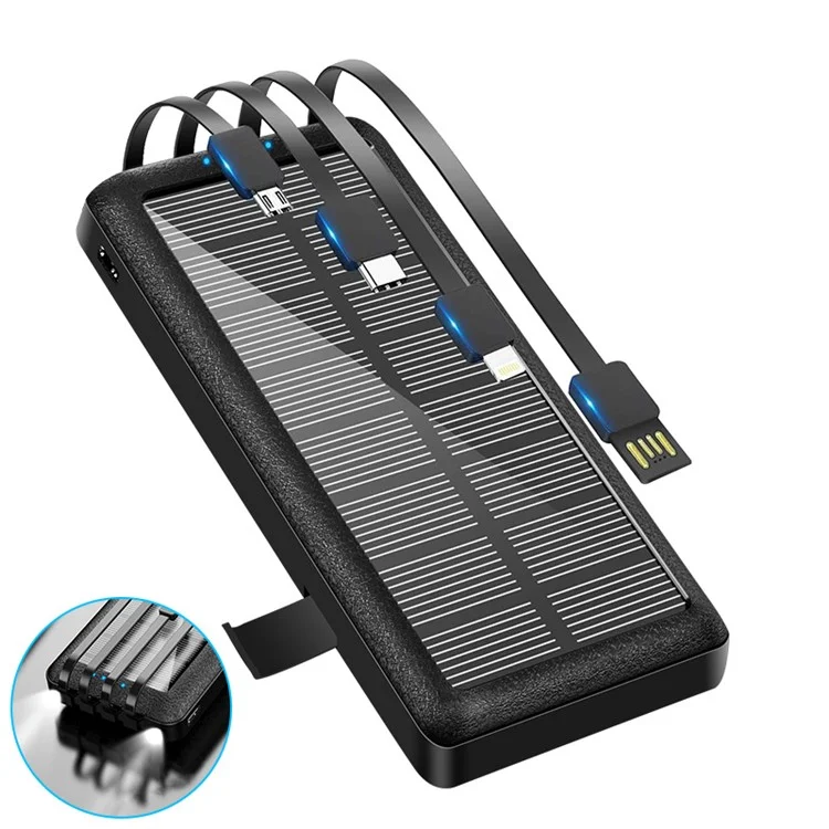 PSOOO PS-159 Chargeur solaire portable Power Bank 30000 mAh avec câble intégré Micro/Type-C/Lightning et support pour téléphone