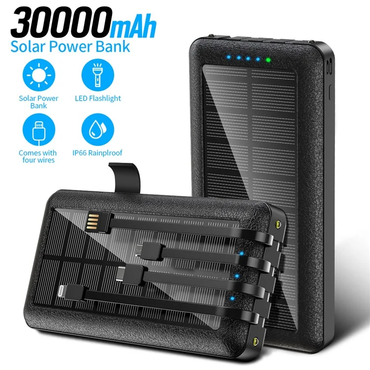 PSOOO PS-159 Chargeur solaire portable Power Bank 30000 mAh avec câble intégré Micro/Type-C/Lightning et support pour téléphone