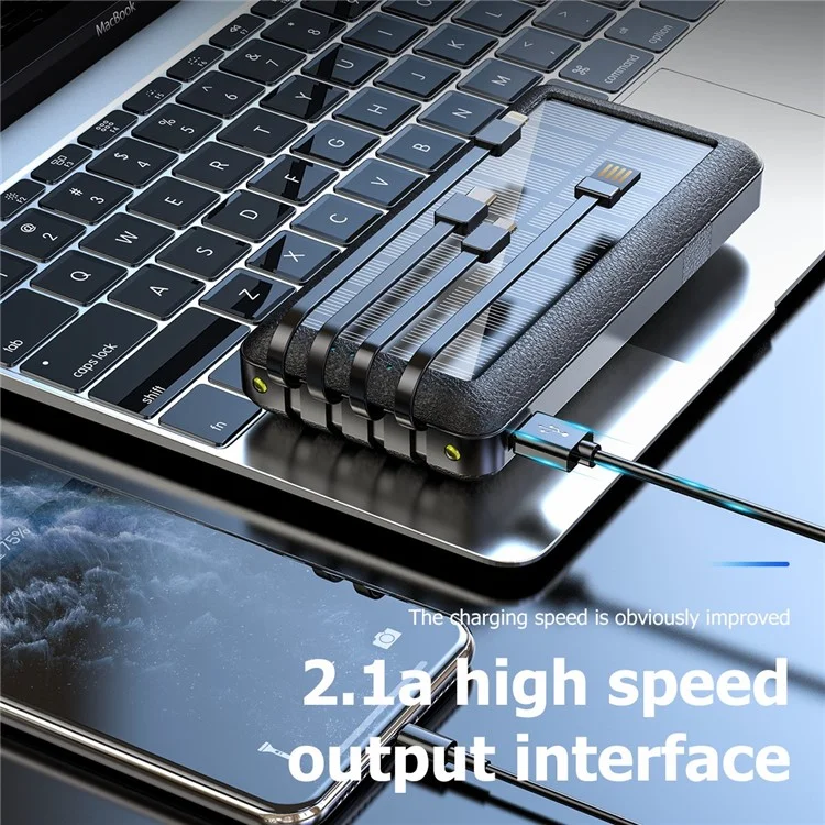 PSOOO PS-159 Chargeur solaire portable Power Bank 30000 mAh avec câble intégré Micro/Type-C/Lightning et support pour téléphone
