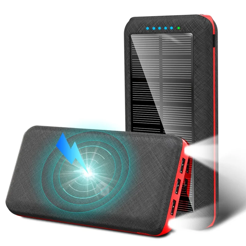 PSOOO PS-157 30000mAh Solar Power Bank with LED Flashlight Phone Charger Support Wireless Charging - Black / Red