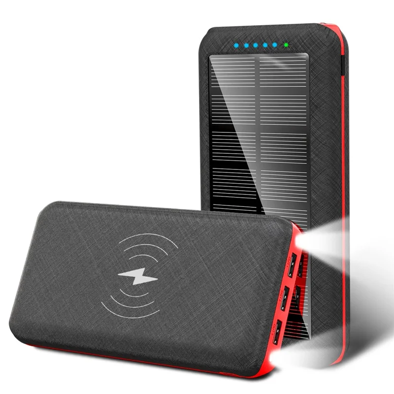 PSOOO PS-157 30000mAh Solar Power Bank with LED Flashlight Phone Charger Support Wireless Charging - Black / Red