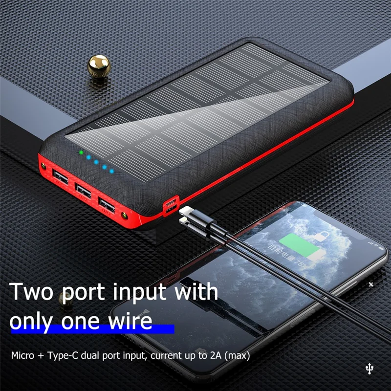 PSOOO PS-157 30000mAh Solar Power Bank with LED Flashlight Phone Charger Support Wireless Charging - Black / Red