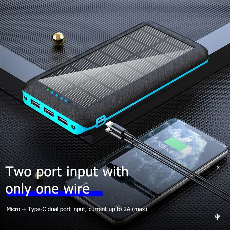 PSOOO PS-157 30000mAh Solar Power Bank with LED Flashlight Phone Charger Support Wireless Charging - Black / Blue