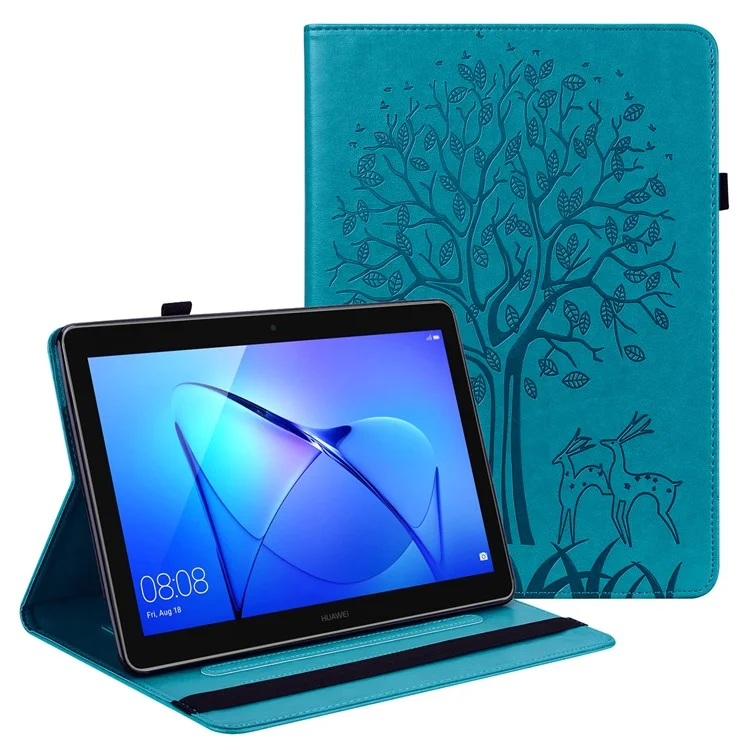 Imprinted Tree and Deer Stand Design Leather Case Shell with Card Slots for Huawei MatePad Pro 10.8 (2021) - Blue