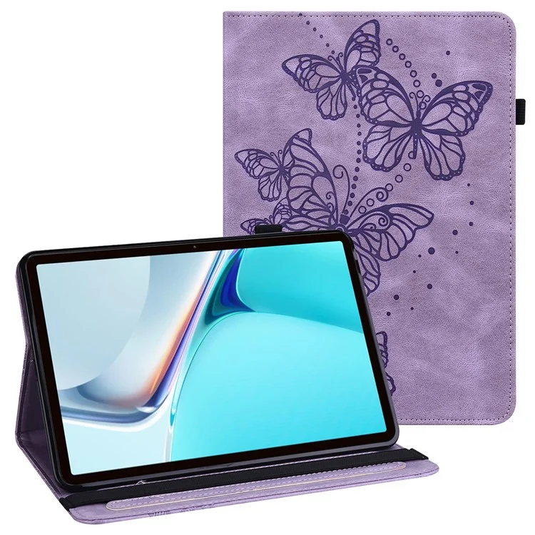 Schmetterlinge bedruckter Auto-Wake/Sleep-Ledertablett-Überzug mit Kartenfach für Huawei MatePad 11 (2021) - Lila