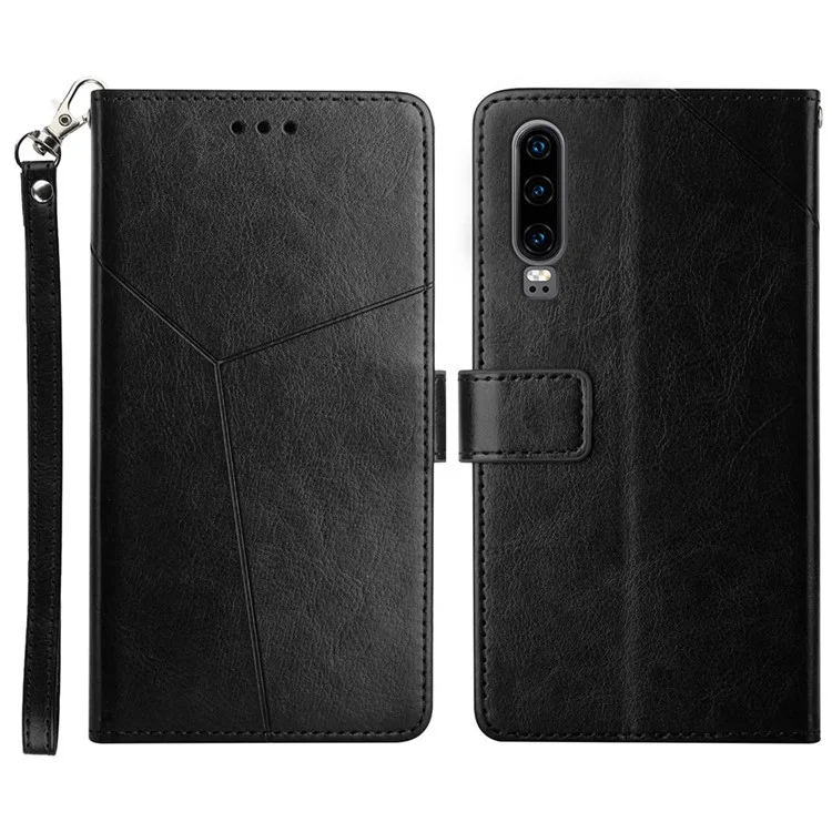 For Huawei P30 Premium PU Leather and TPU Phone Case Stylish Y-shaped Line Imprinting Wallet Shell Stand Cover - Black