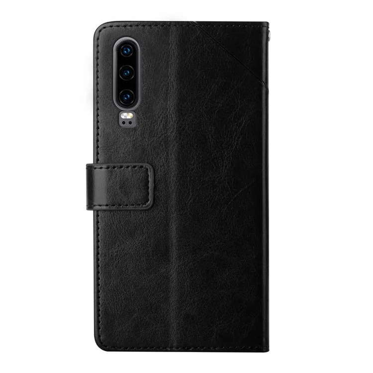 For Huawei P30 Premium PU Leather and TPU Phone Case Stylish Y-shaped Line Imprinting Wallet Shell Stand Cover - Black