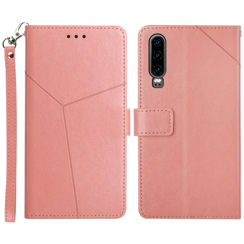 For Huawei P30 Premium PU Leather and TPU Phone Case Stylish Y-shaped Line Imprinting Wallet Shell Stand Cover - Pink