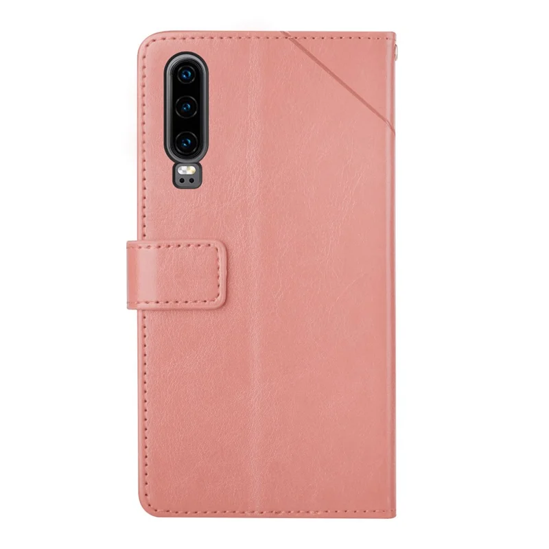 For Huawei P30 Premium PU Leather and TPU Phone Case Stylish Y-shaped Line Imprinting Wallet Shell Stand Cover - Pink