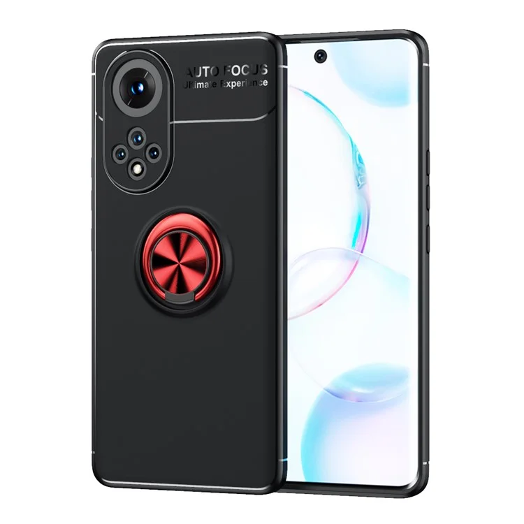 Rotary Finger Ring Kickstand Soft TPU Protective Phone Cover Case with Built-in Metal Sheet for Huawei nova 9 - Black / Red