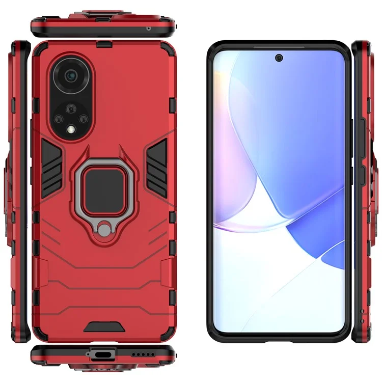 TPU Flessibile Morbido a Doppio Strato TPU + PC Hard Anti-slip Protettivo Custodia Con Cavalletto Per Huawei Nova 9 - Rosso