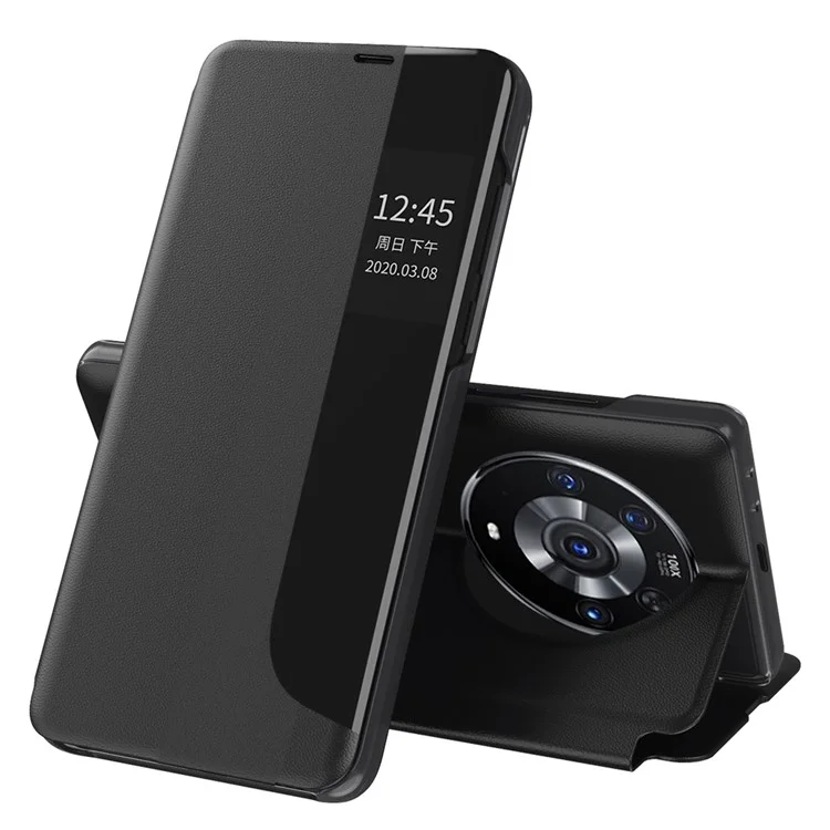 Smart View Window Stand Design PU Leather Anti-fall All-inclusive Protection Folio Flip Cover for Honor Magic3 Pro - Black