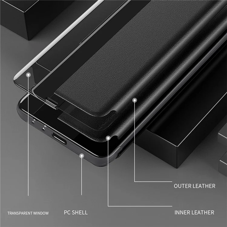 Smart View Window Stand Design PU Leather Anti-fall All-inclusive Protection Folio Flip Cover for Honor Magic3 Pro - Black