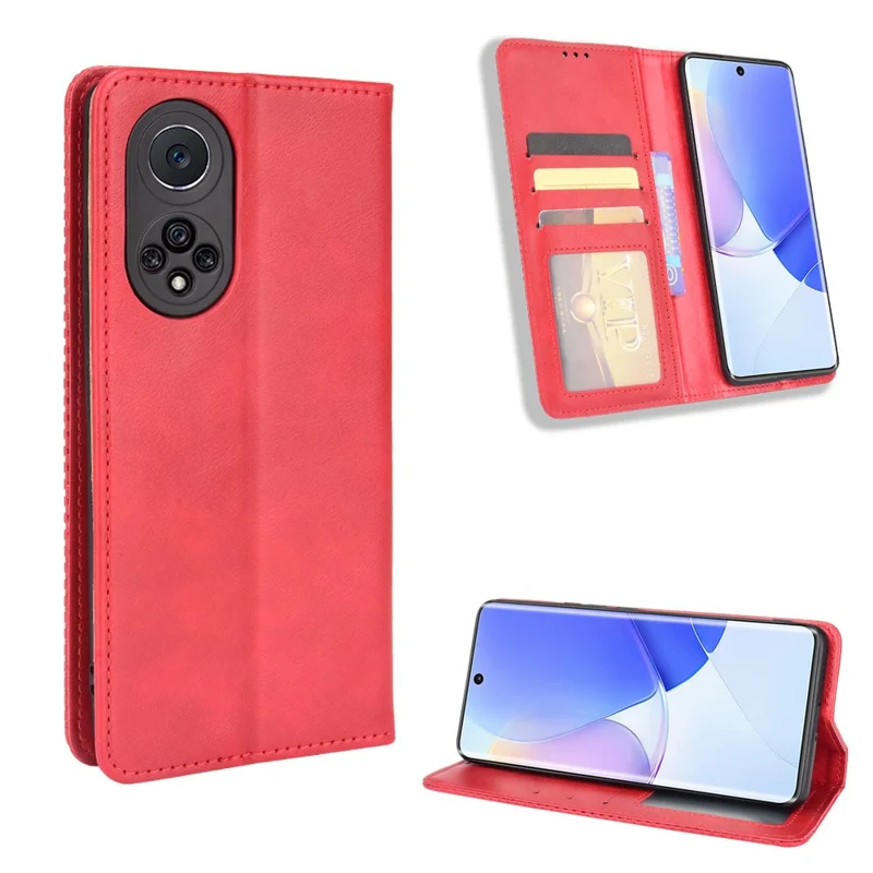 Retro Textured Surface Phone Leather Case Shockproof Wallet Stand Cover for Huawei nova 9 - Red