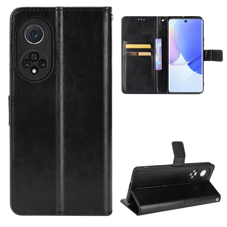 Crazy Horse Texture PU Leather Anti-drop Wallet Stand Design Telefono Shell Per Huawei Nova 9 - Nero