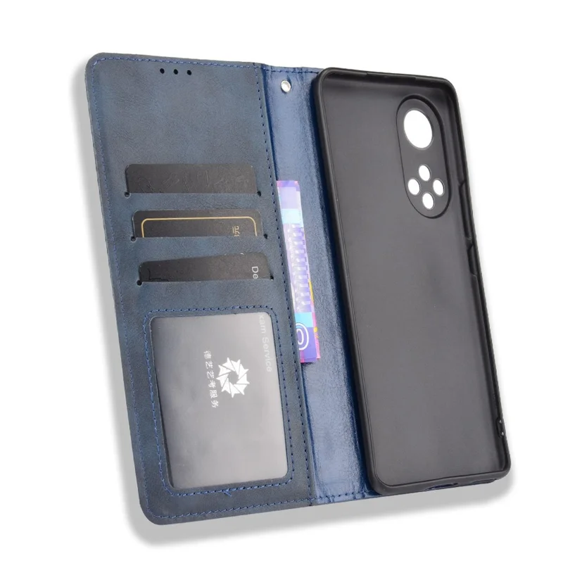 Scratch Resistant Case Wallet Retro Textured Surface Anti-Drop Phone Leather Stand Cover for Honor 50 - Blue