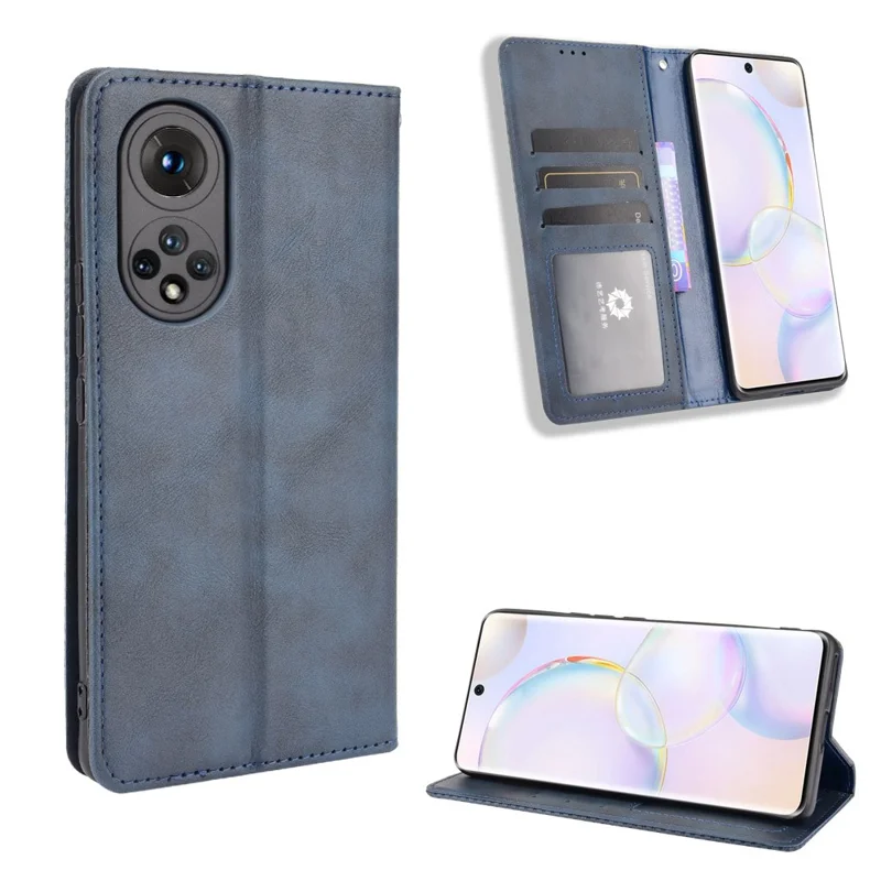 Scratch Resistant Case Wallet Retro Textured Surface Anti-Drop Phone Leather Stand Cover for Honor 50 - Blue
