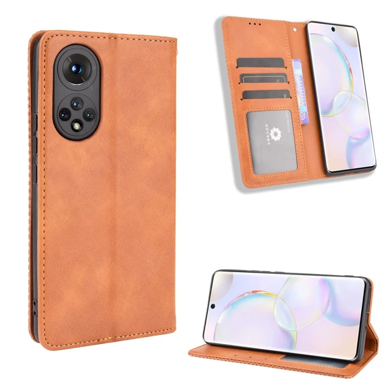 Scratch Resistant Case Wallet Retro Textured Surface Anti-Drop Phone Leather Stand Cover for Honor 50 - Brown