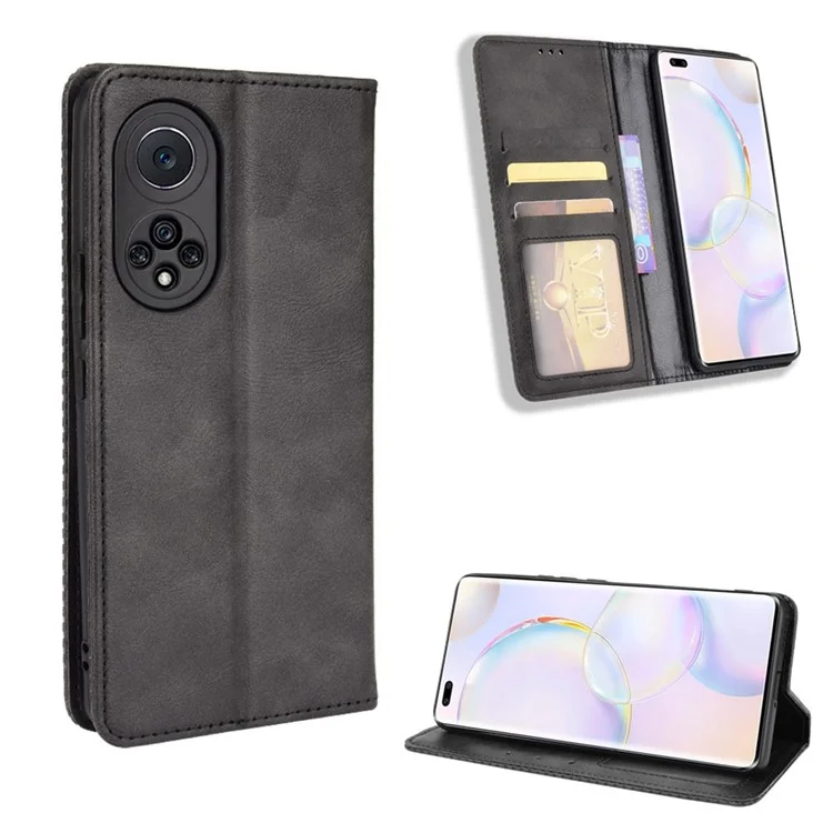 Anti-dust Retro Textured Surface Phone Leather Case Wallet Stand Protective Cover for Huawei nova 9 Pro / Honor 50 Pro - Black