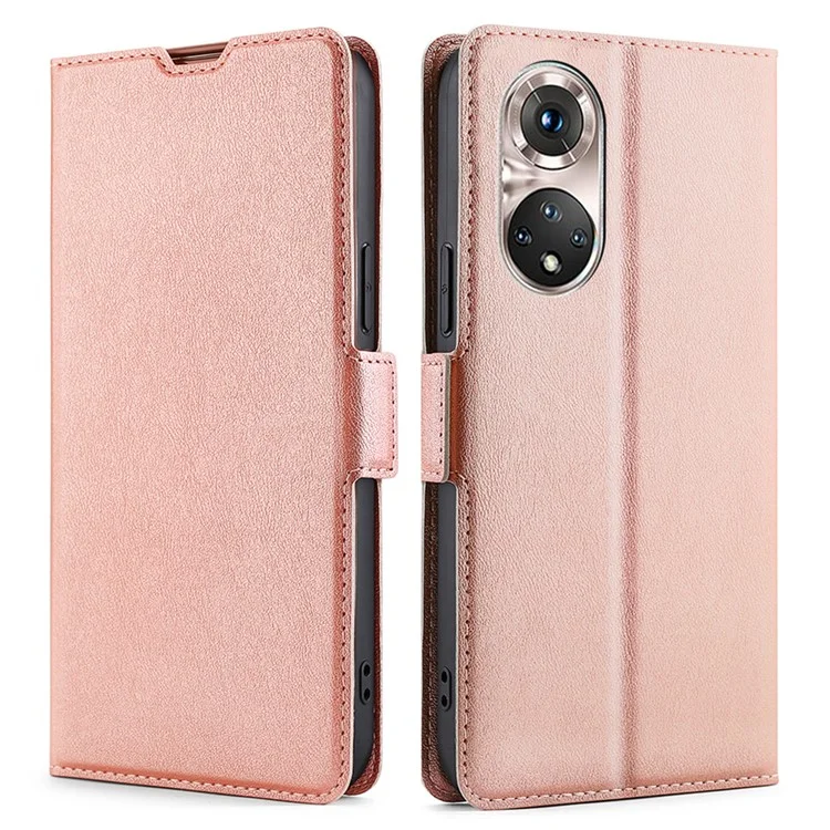 Étui de protection en cuir de couleur unie ultra-fin avec fente pour carte, fermeture magnétique latérale et support pour Honor 50 Pro - Or rose