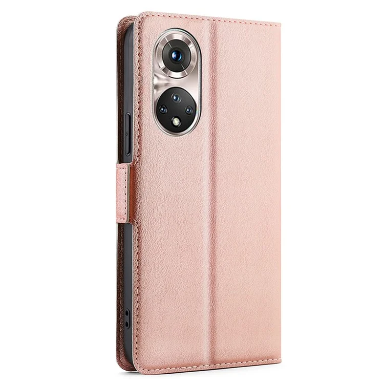Étui de protection en cuir de couleur unie ultra-fin avec fente pour carte, fermeture magnétique latérale et support pour Honor 50 Pro - Or rose