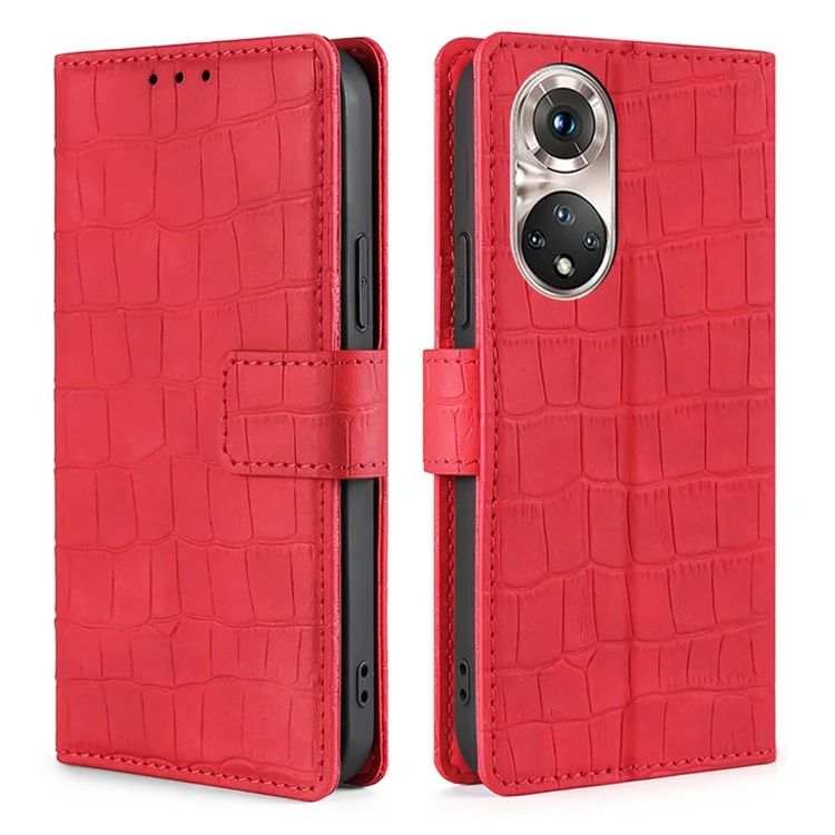 Crocodile Texture Magnetic Closure PU Leather Wallet Stand Flip Well-protected Case Shell for Honor 50 Pro - Red