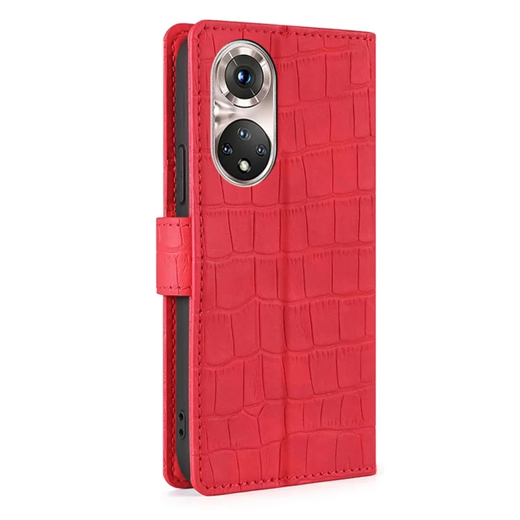 Crocodile Texture Magnetic Closure PU Leather Wallet Stand Flip Well-protected Case Shell for Honor 50 Pro - Red
