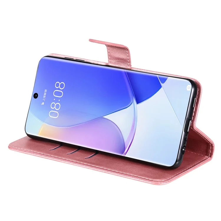 cu Leather Phone Case Case Case Incluse Case с Дизайном Кармана на Молнии и Подставкой Для Huawei Nova 9/Honor 50 - Розовое Золото