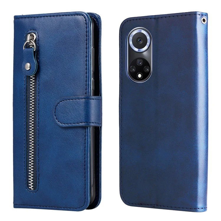 Étui de Téléphone en Cuir PU Avec un Portefeuille de Conception de Poche à Fermeture Éclair et Stand Pour Huawei Nova 9 / Honor 50 - Bleu