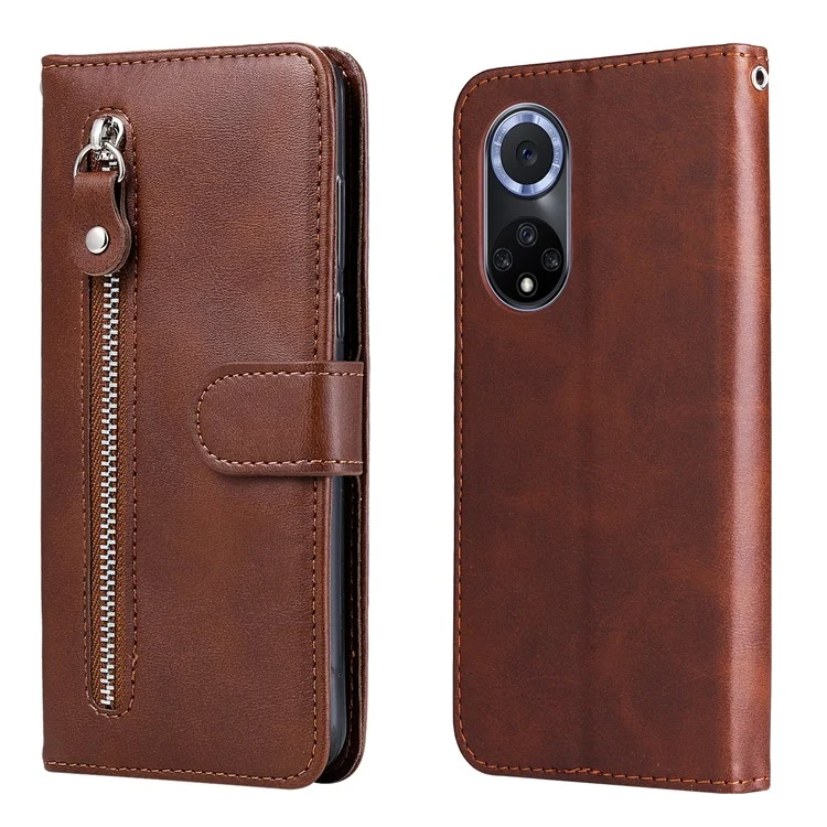 cu Leather Phone Case Case Case Incluse Case с Дизайном Кармана на Молнии и Подставкой Для Huawei Nova 9/Honor 50 - Коричневый