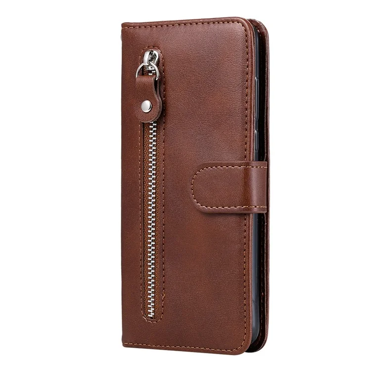 cu Leather Phone Case Case Case Incluse Case с Дизайном Кармана на Молнии и Подставкой Для Huawei Nova 9/Honor 50 - Коричневый