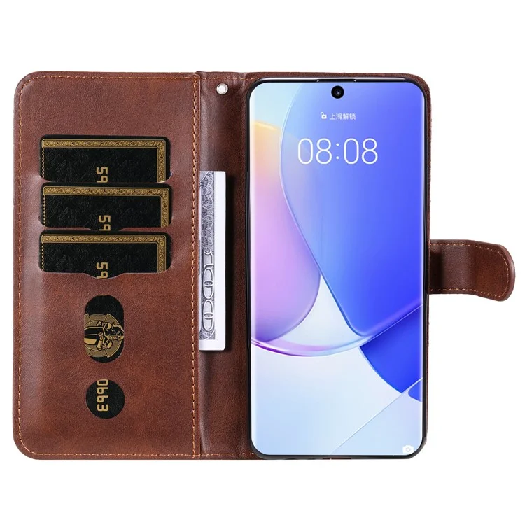 cu Leather Phone Case Case Case Incluse Case с Дизайном Кармана на Молнии и Подставкой Для Huawei Nova 9/Honor 50 - Коричневый