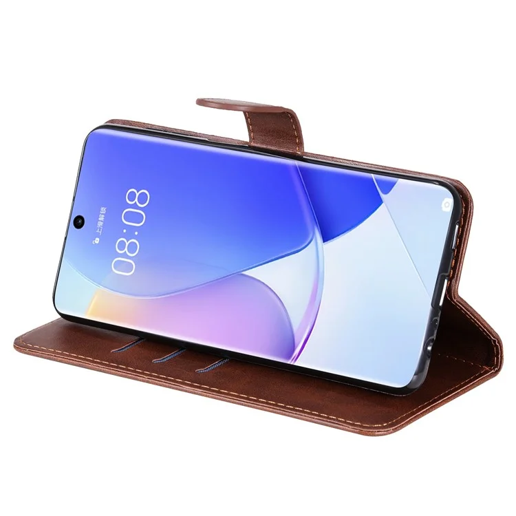 cu Leather Phone Case Case Case Incluse Case с Дизайном Кармана на Молнии и Подставкой Для Huawei Nova 9/Honor 50 - Коричневый