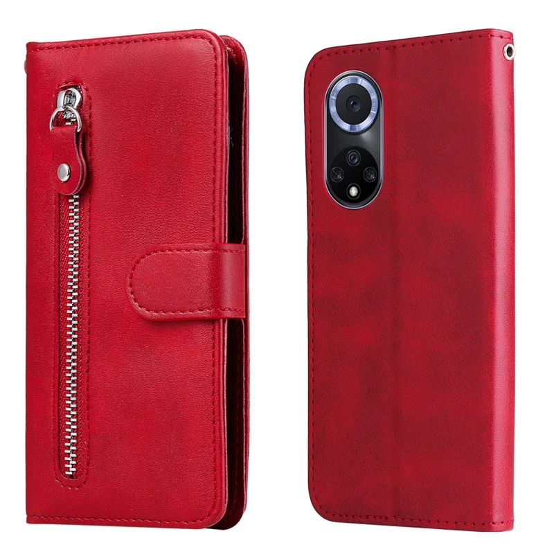 PU Leather Phone Case All-Inclusive Case with Zipper Pocket Design Wallet and Stand for Huawei nova 9/Honor 50 - Red