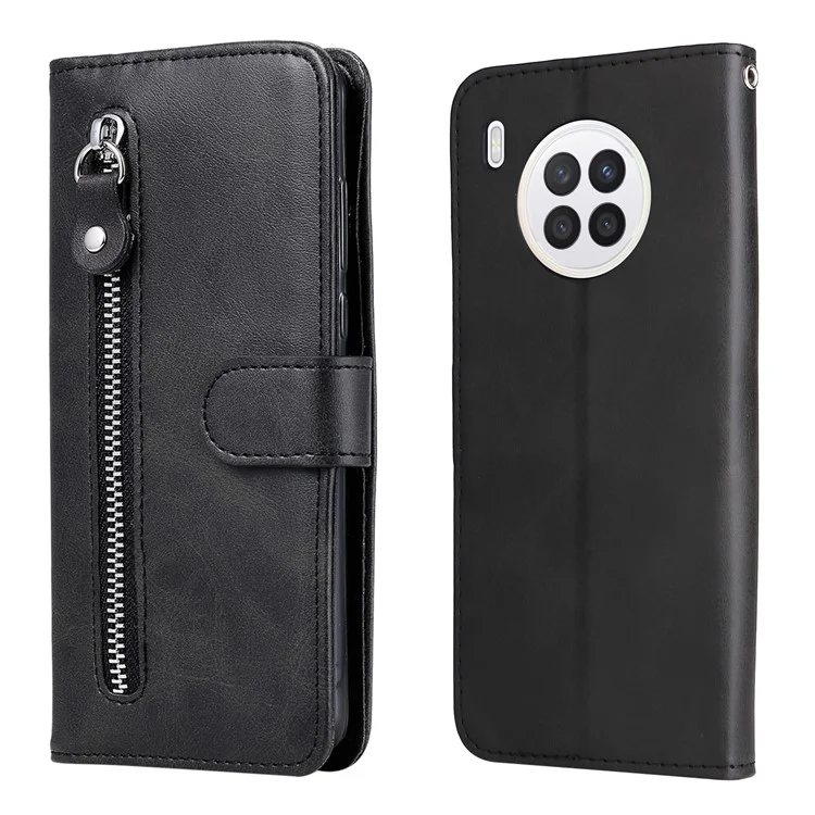 Étui à Casse de Porte en Cuir de Poche Zippé de Conception du Portefeuille Pour Huawei Nova 8i / Honor 50 Lite - le Noir