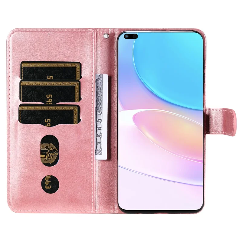 Zippered Pocket PU Leather Case Wallet Stand Design Phone Case for Huawei nova 8i/Honor 50 Lite - Rose Gold