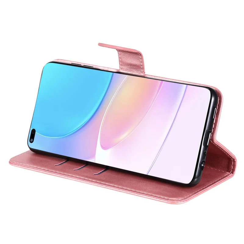 Zippered Pocket PU Leather Case Wallet Stand Design Phone Case for Huawei nova 8i/Honor 50 Lite - Rose Gold