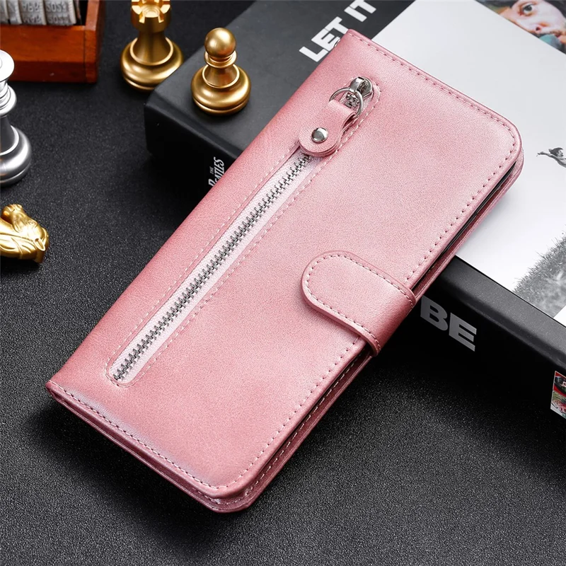 Zippered Pocket PU Leather Case Wallet Stand Design Phone Case for Huawei nova 8i/Honor 50 Lite - Rose Gold