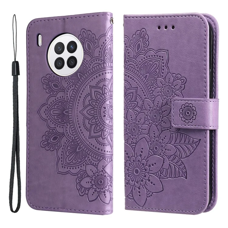 Étui de protection à rabat pratique avec fentes pour cartes Motif fleurs imprimé Boîtier portefeuille en TPU+PU avec support et dragonne pour Huawei nova 8i/Honor 50 Lite - Violet
