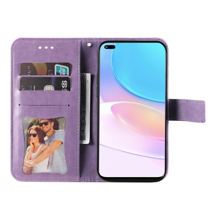 Étui de protection à rabat pratique avec fentes pour cartes Motif fleurs imprimé Boîtier portefeuille en TPU+PU avec support et dragonne pour Huawei nova 8i/Honor 50 Lite - Violet