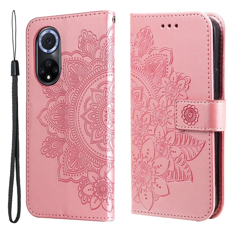 Étui portefeuille avec motif floral imprimé en TPU doux et cuir PU avec dragonne pour Huawei nova 9/Honor 50 - Or rose