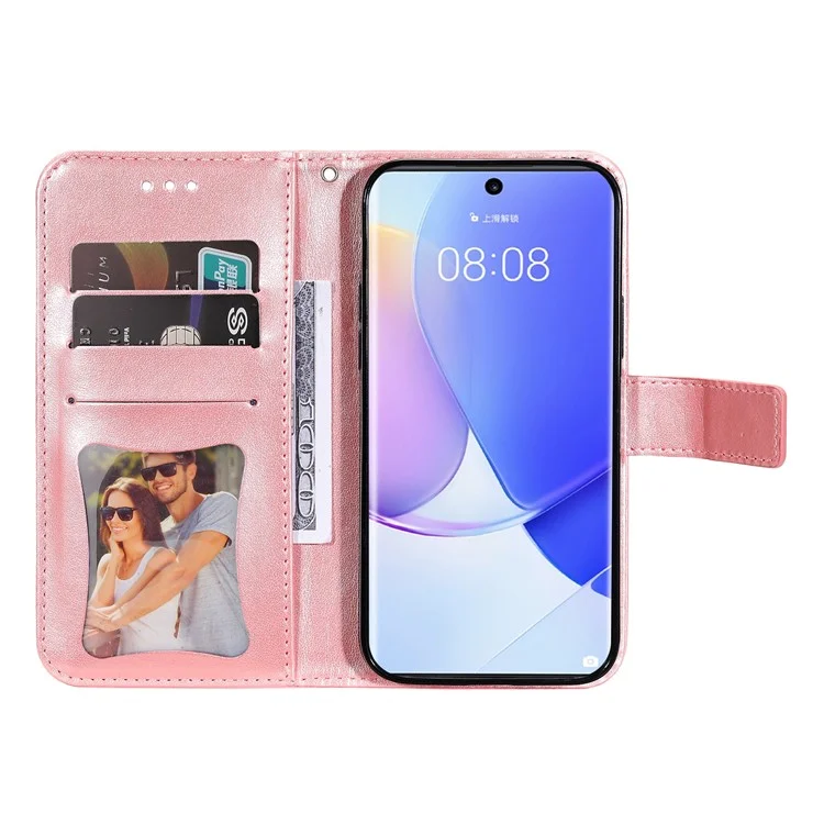 Étui portefeuille avec motif floral imprimé en TPU doux et cuir PU avec dragonne pour Huawei nova 9/Honor 50 - Or rose