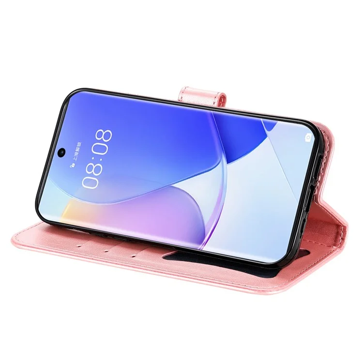 Étui portefeuille avec motif floral imprimé en TPU doux et cuir PU avec dragonne pour Huawei nova 9/Honor 50 - Or rose