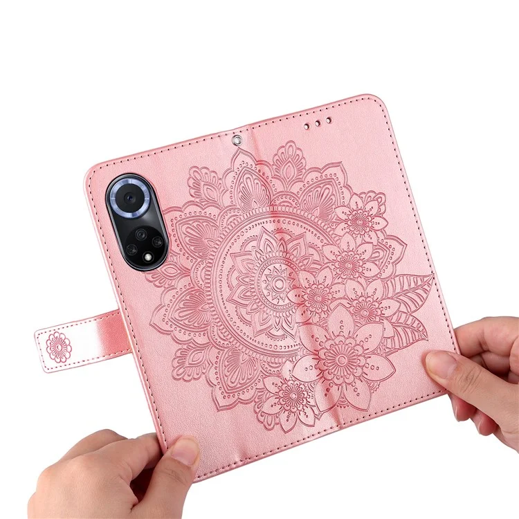 Padrão de Flores Impressas Tpu Macio+pu Casca de Carteira de Couro Com Cordão Para Huawei Nova 9/honra 50 - Rosa Ouro