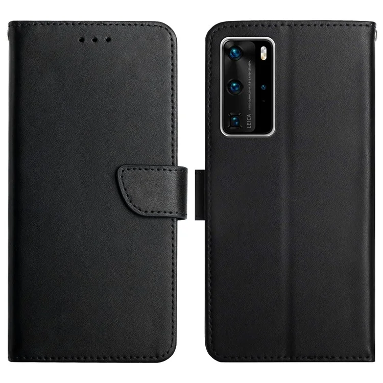 Solid Color Nappa Texture Case Stand Wallet Genuine Leather Mobile Phone Cover for Huawei P40 Pro - Black