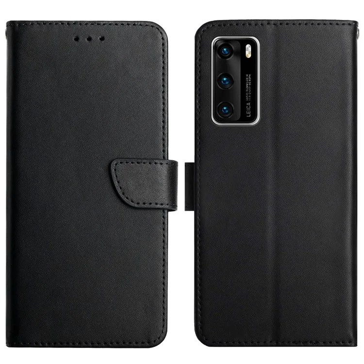 For Huawei P40 Nappa Texture Solid Color Supporting Stand Wallet Mobile Case Genuine Leather + TPU Flip Phone Shell - Black