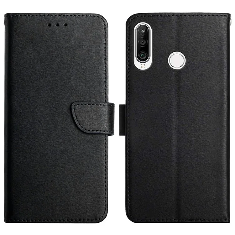 Anti-automne En Cuir Véritable Texture Nappa Texture Flip Téléphone Couvre-Téléphone Boîtier De Fermeture Magnétique Portefeuille Pour Huawei P30 Lite / P30 Lite Nouvelle Édition / NOVA 4E - Le Noir