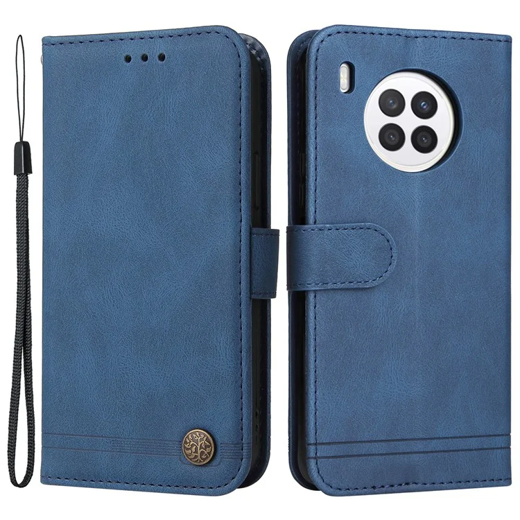 Carte Pratique Slots Téléphone Flip Coque Rétro Tree Motif Métal Bouton Touche Portefeuille Porte-Pu En Cuir + TPU Housse Pour L'honneur 50 Lite / Huawei Nova 8i - Bleu