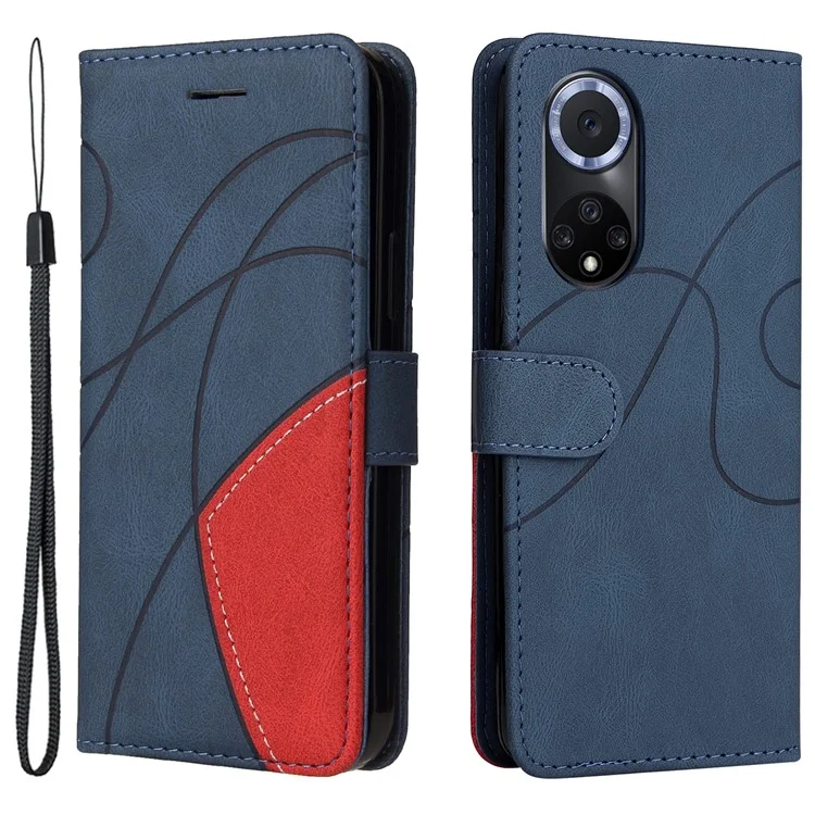 KT Leath Series 1 Anti-fingerprint Dual-Color Splicing Style Flip Phone Shell pu Leather Portefeuille Conception de Téléphone Étui Avec Stand Pour Huawei Nova 9 / Honor 50 - Bleu
