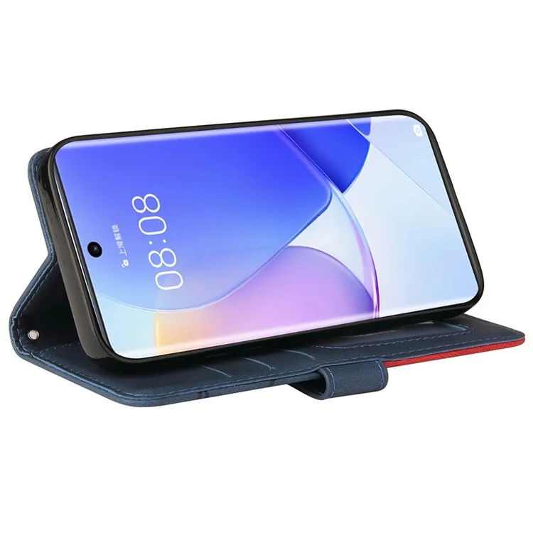 KT Leath Series 1 Anti-fingerprint Dual-Color Splicing Style Flip Phone Shell pu Leather Portefeuille Conception de Téléphone Étui Avec Stand Pour Huawei Nova 9 / Honor 50 - Bleu